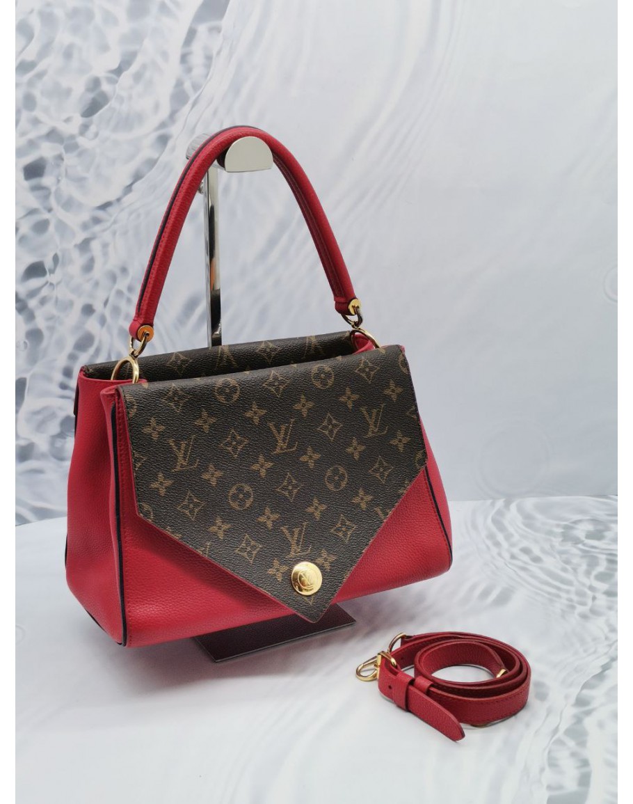 LOUIS VUITTON DOUBLE V BROWN MONOGRAM CANVAS WITH RED CALFSKIN GOLD HARDWARE HANDLE BAG